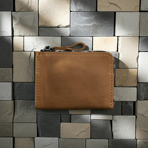 Compact Distressed Leather Wallet with Zipper