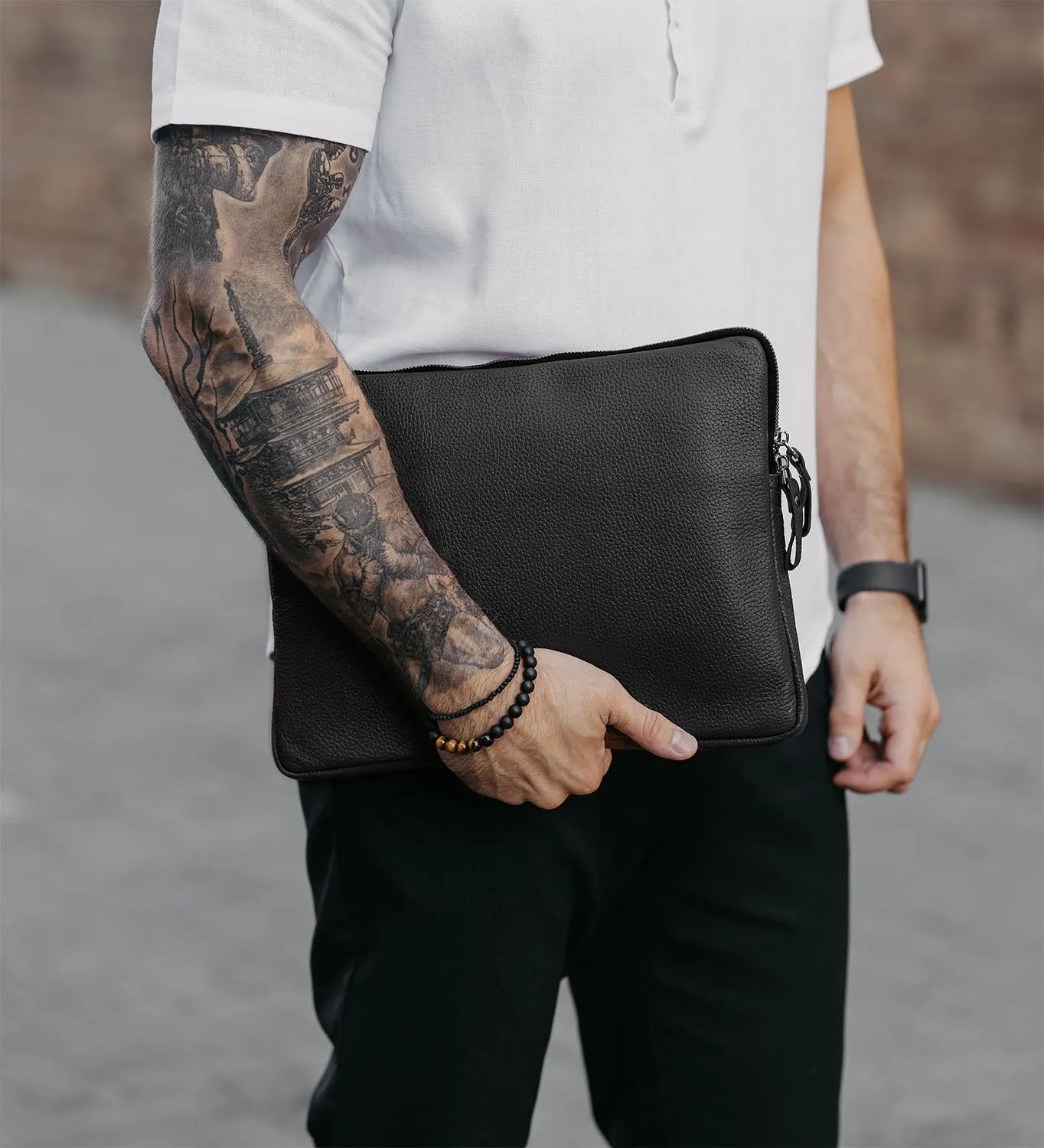 Full Grain Leather Zipper Folio for Laptop & Documents | Black