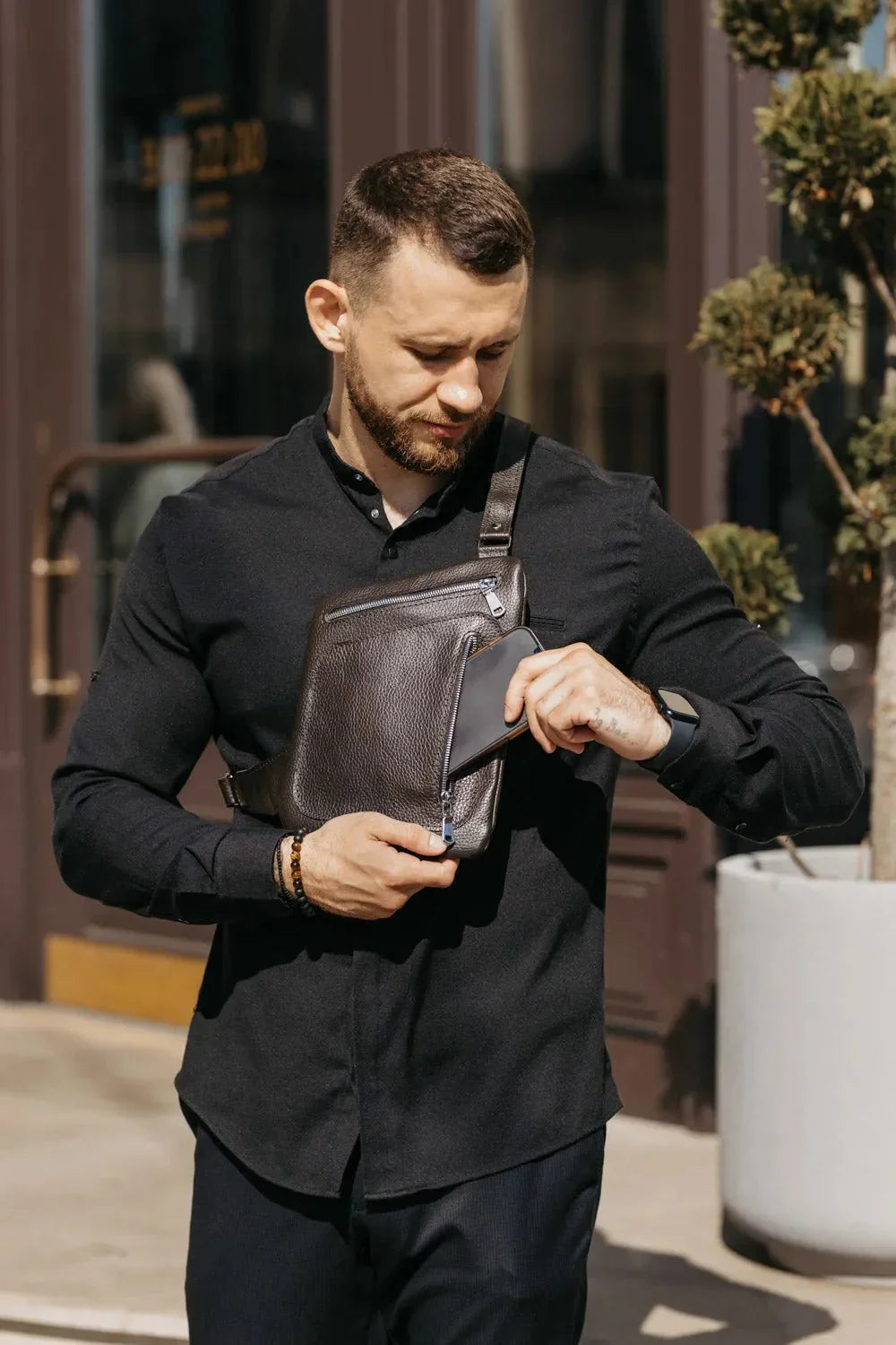 Grainy Leather Sling Bag for Men's | Hidden
