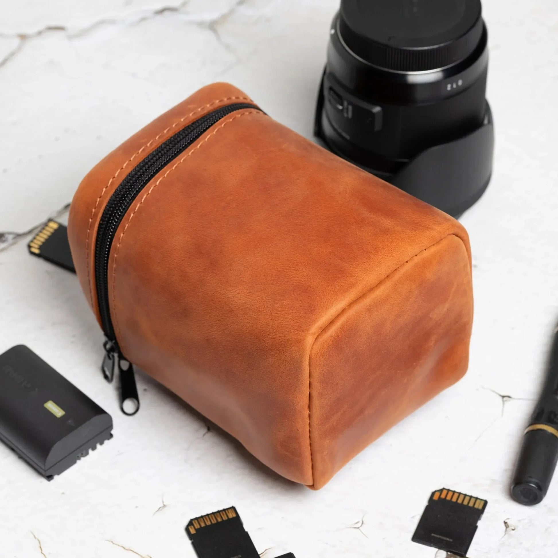 Waxed Matte Leather Camera Lens Pouch – 4 Size Options