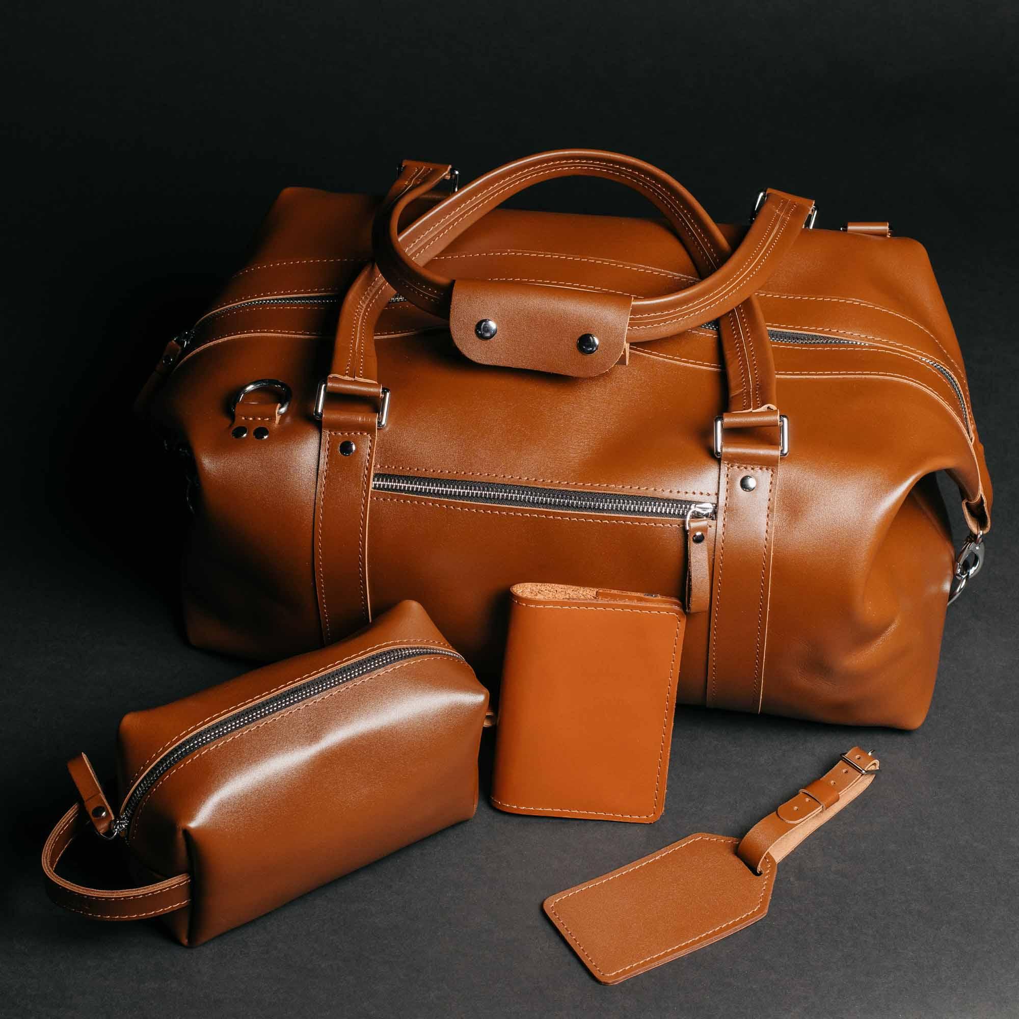 Leather Travel Set – Weekender Bag with Dopp Kit  & Passport Cover & Luggage Tag Gift