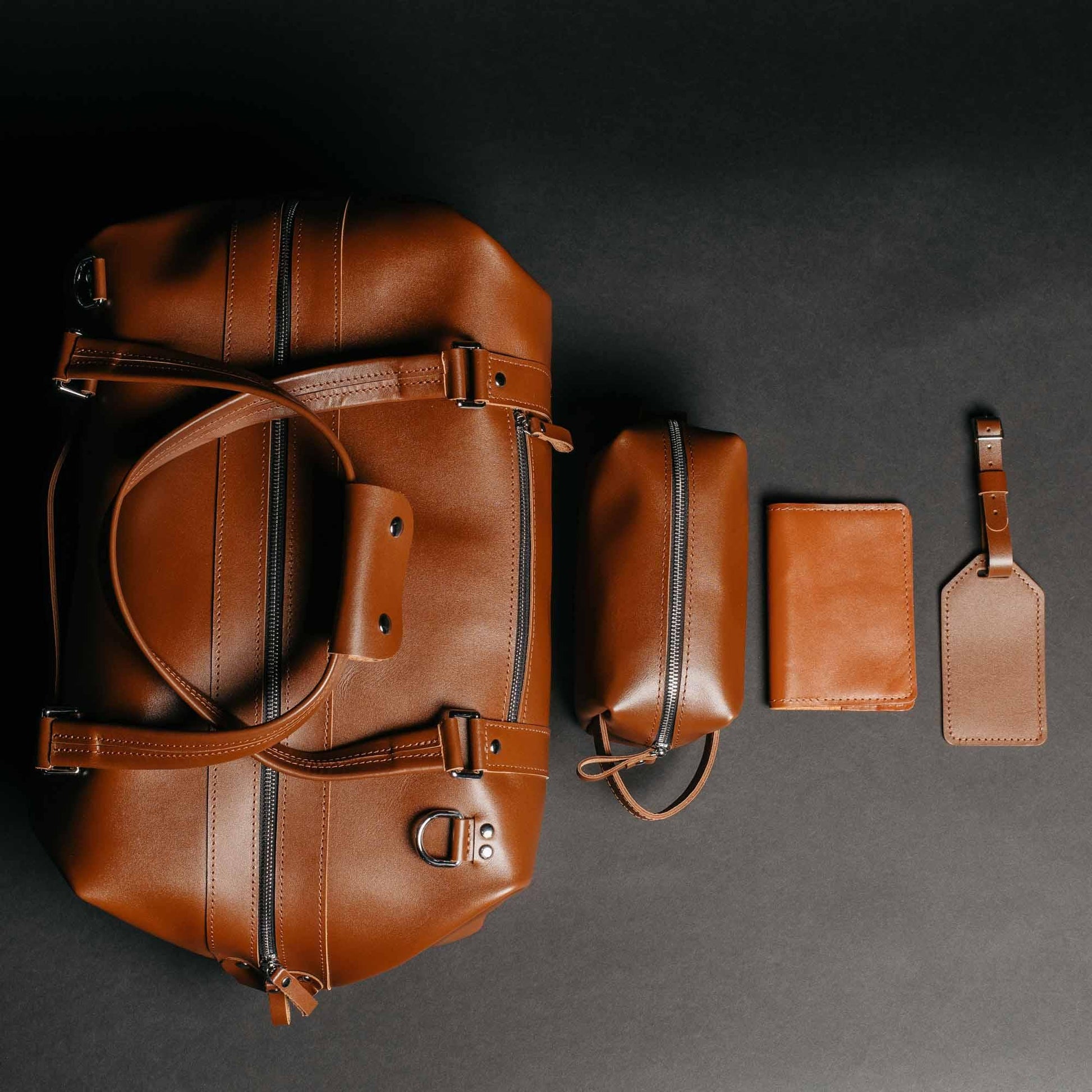 Leather Travel Set – Weekender Bag with Dopp Kit  & Passport Cover & Luggage Tag Gift