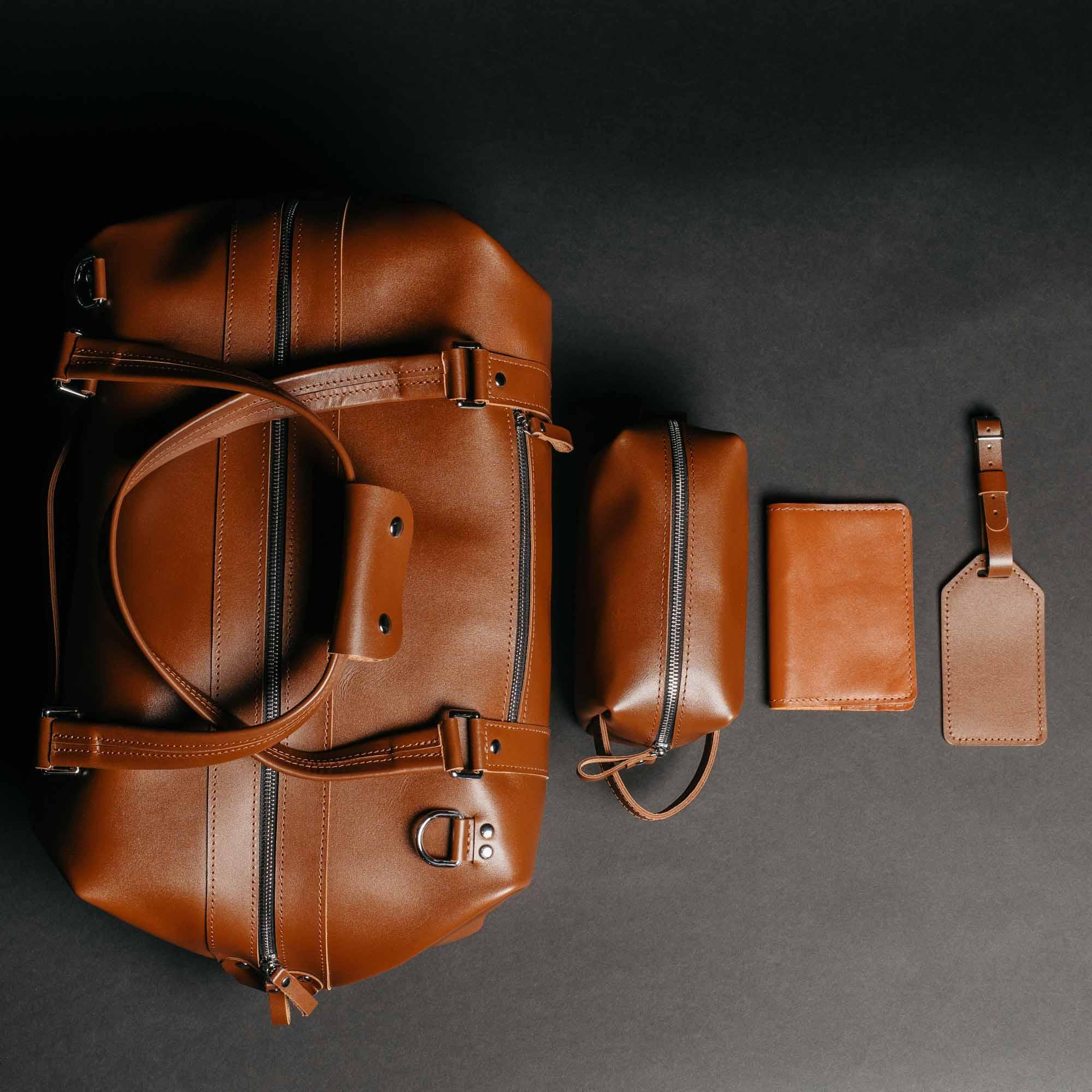 Leather Travel Set – Weekender Bag with Dopp Kit  & Passport Cover & Luggage Tag Gift