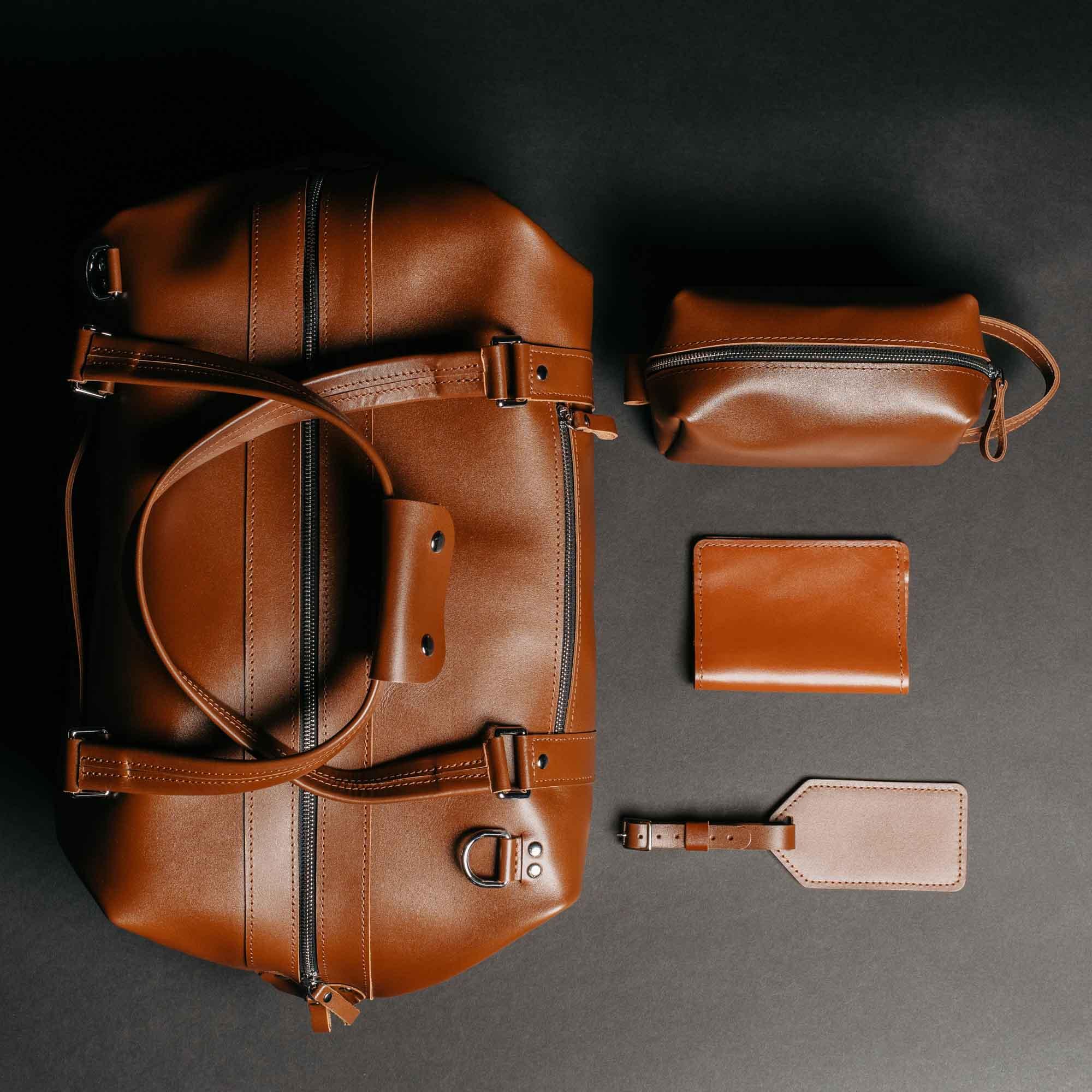 Leather Travel Set – Weekender Bag with Dopp Kit  & Passport Cover & Luggage Tag Gift