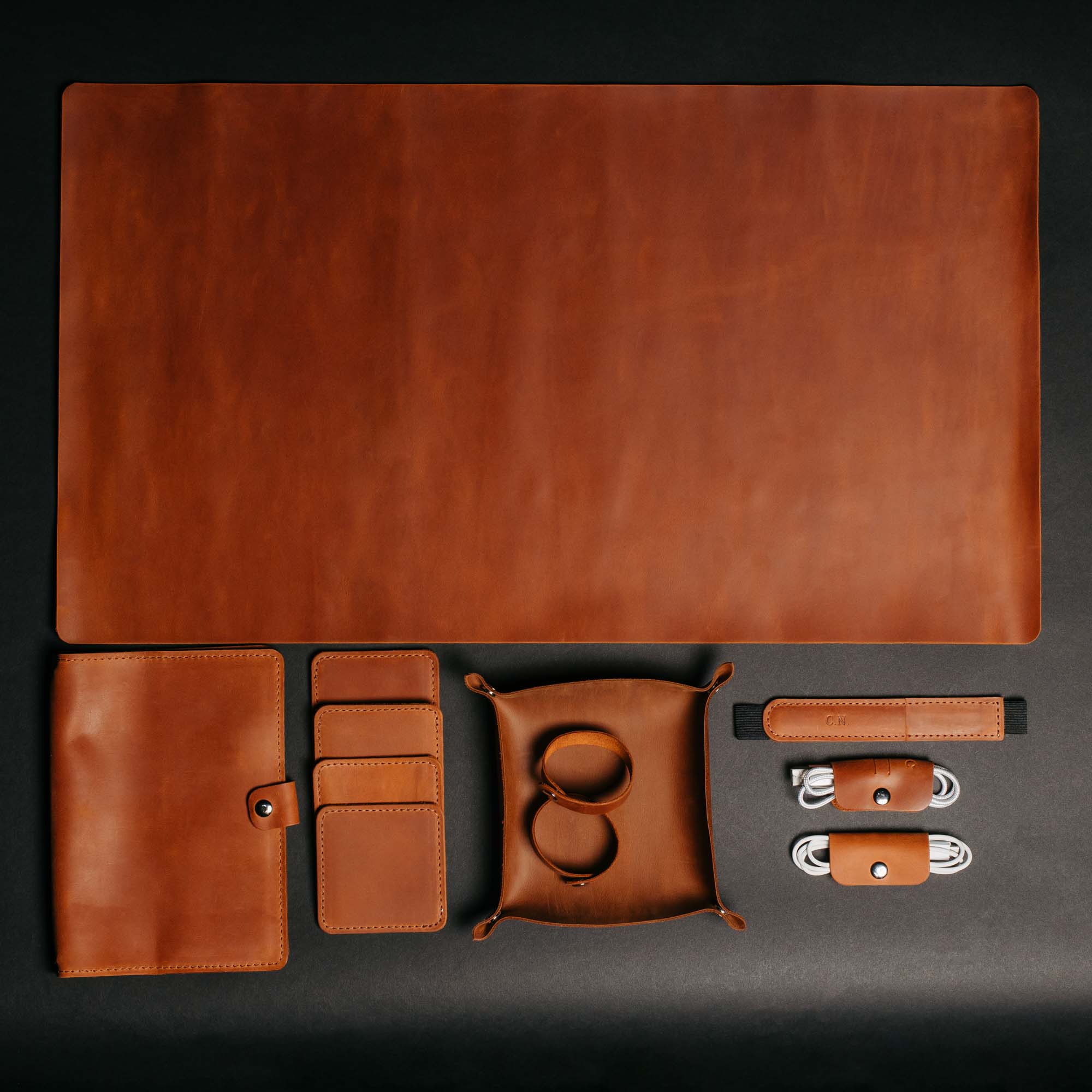 Complete Leather Work Desk Set – Desk Pad, Notebook Wrap, Coasters & Accessories