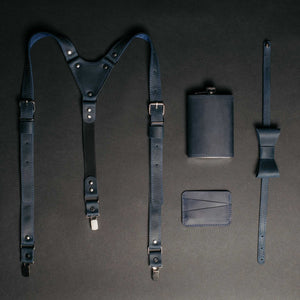 Wedding Gift Set for Him – Matte Waxed Leather Suspenders, Flask, Bow Tie & Cardholder