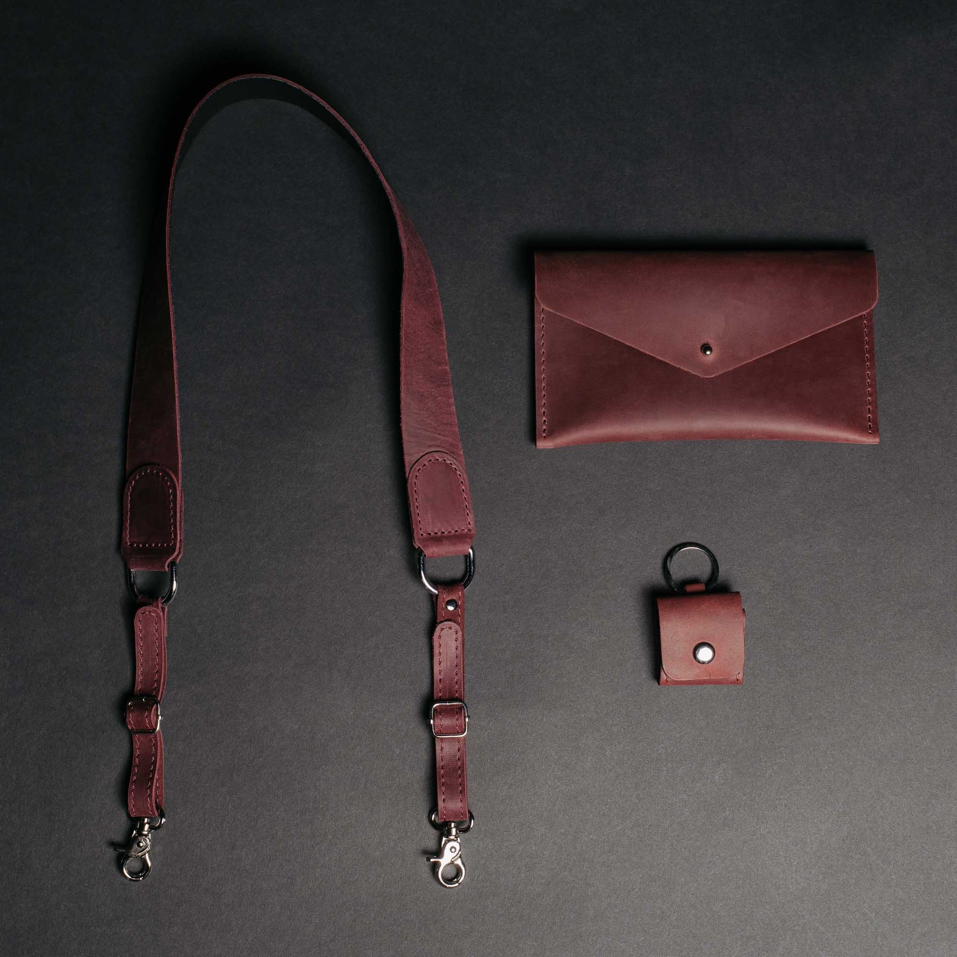 Leather Set for Photographers - Camera Strap + Photo Envelope & SD Card Holder
