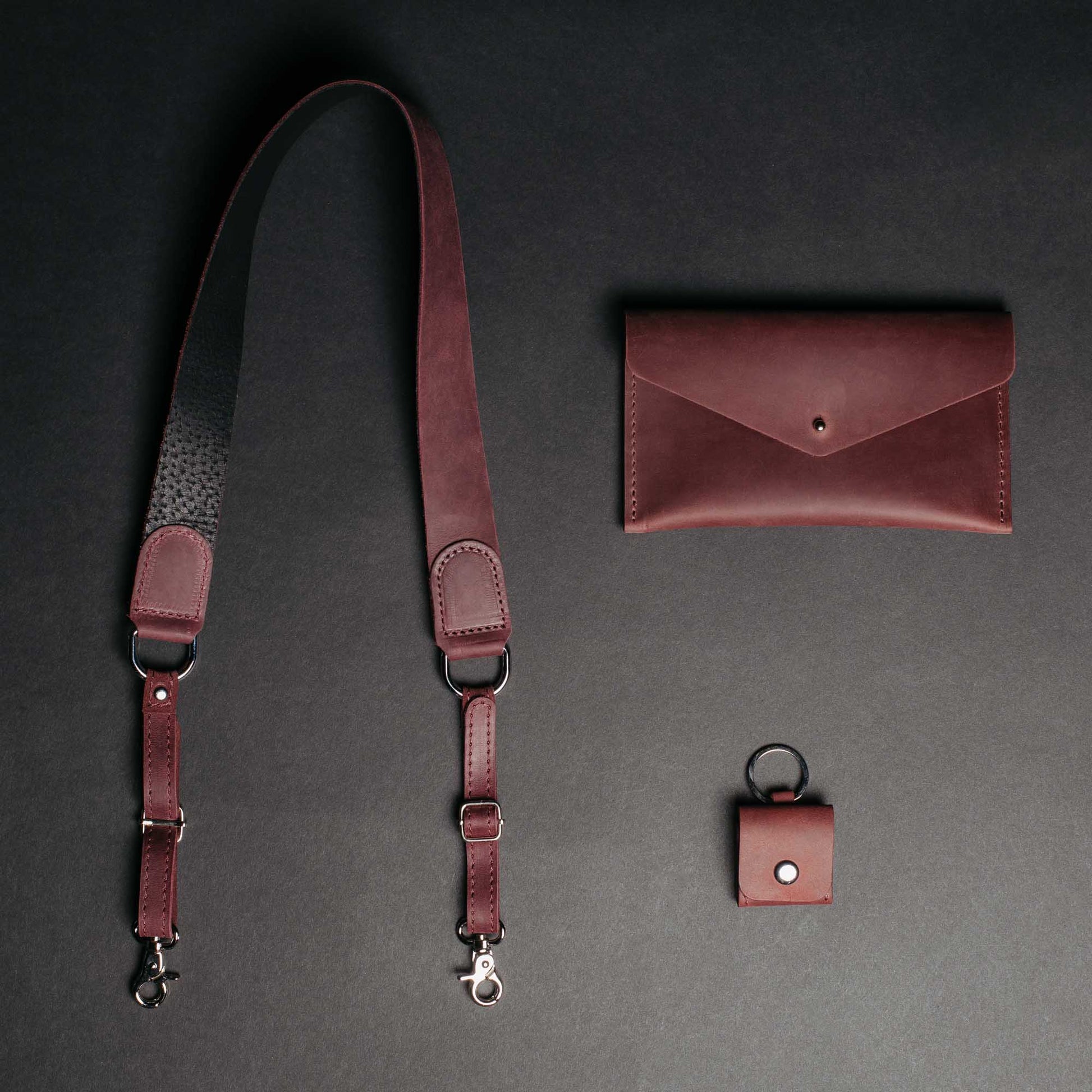 Leather Set for Photographers - Camera Strap + Photo Envelope & SD Card Holder