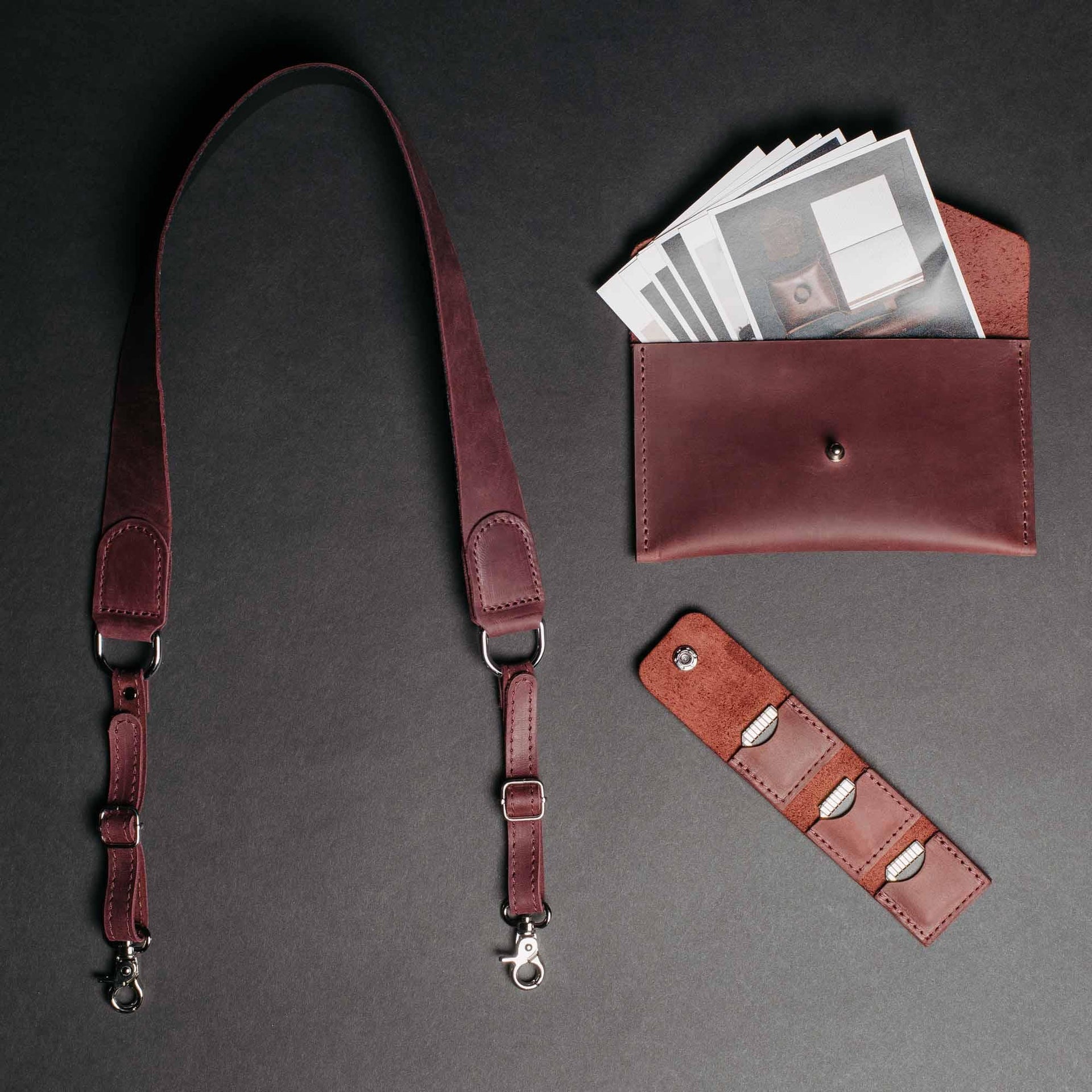 Leather Set for Photographers - Camera Strap + Photo Envelope & SD Card Holder