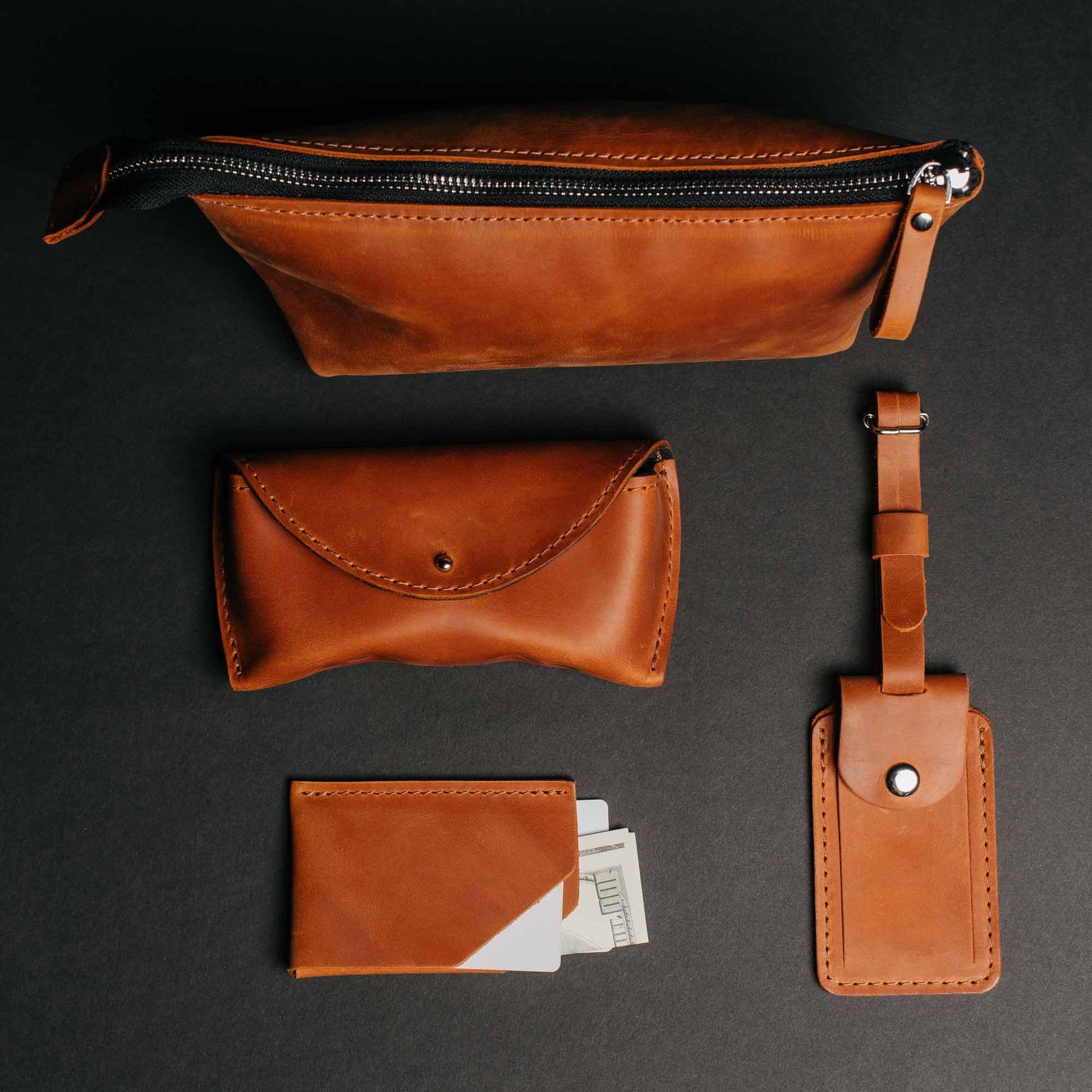 Leather Travel Accessories Set with Cosmetic Bag, Eyeglass Case & Cardholder
