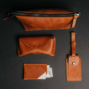 Leather Travel Accessories Set with Cosmetic Bag, Eyeglass Case & Cardholder