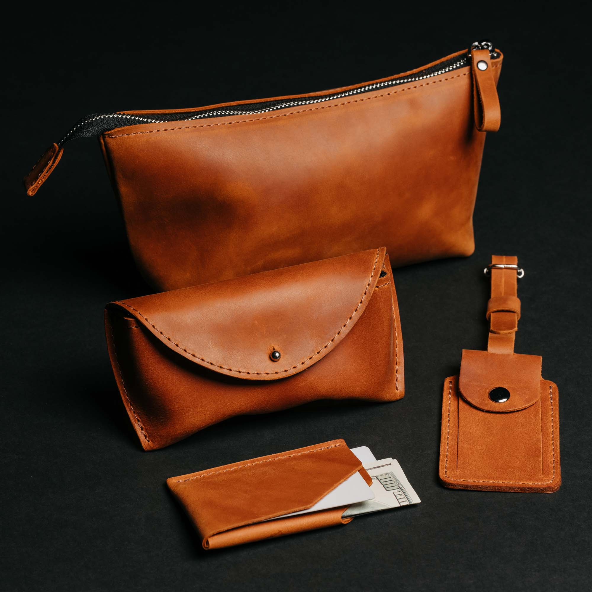Leather Travel Accessories Set with Cosmetic Bag, Eyeglass Case & Cardholder
