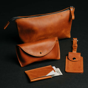 Leather Travel Accessories Set with Cosmetic Bag, Eyeglass Case & Cardholder