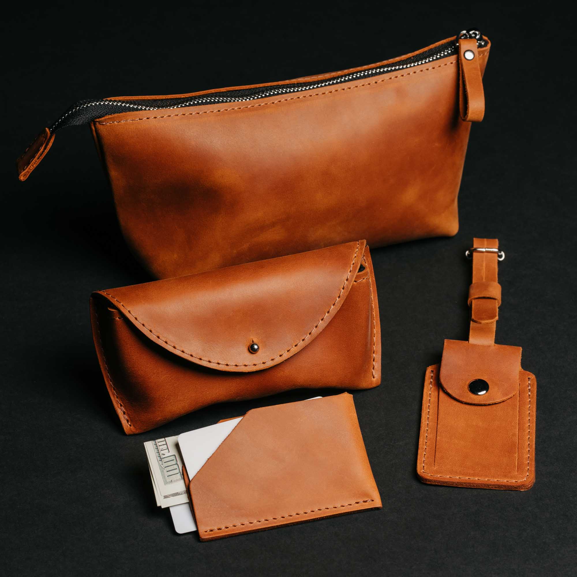Leather Travel Accessories Set with Cosmetic Bag, Eyeglass Case & Cardholder