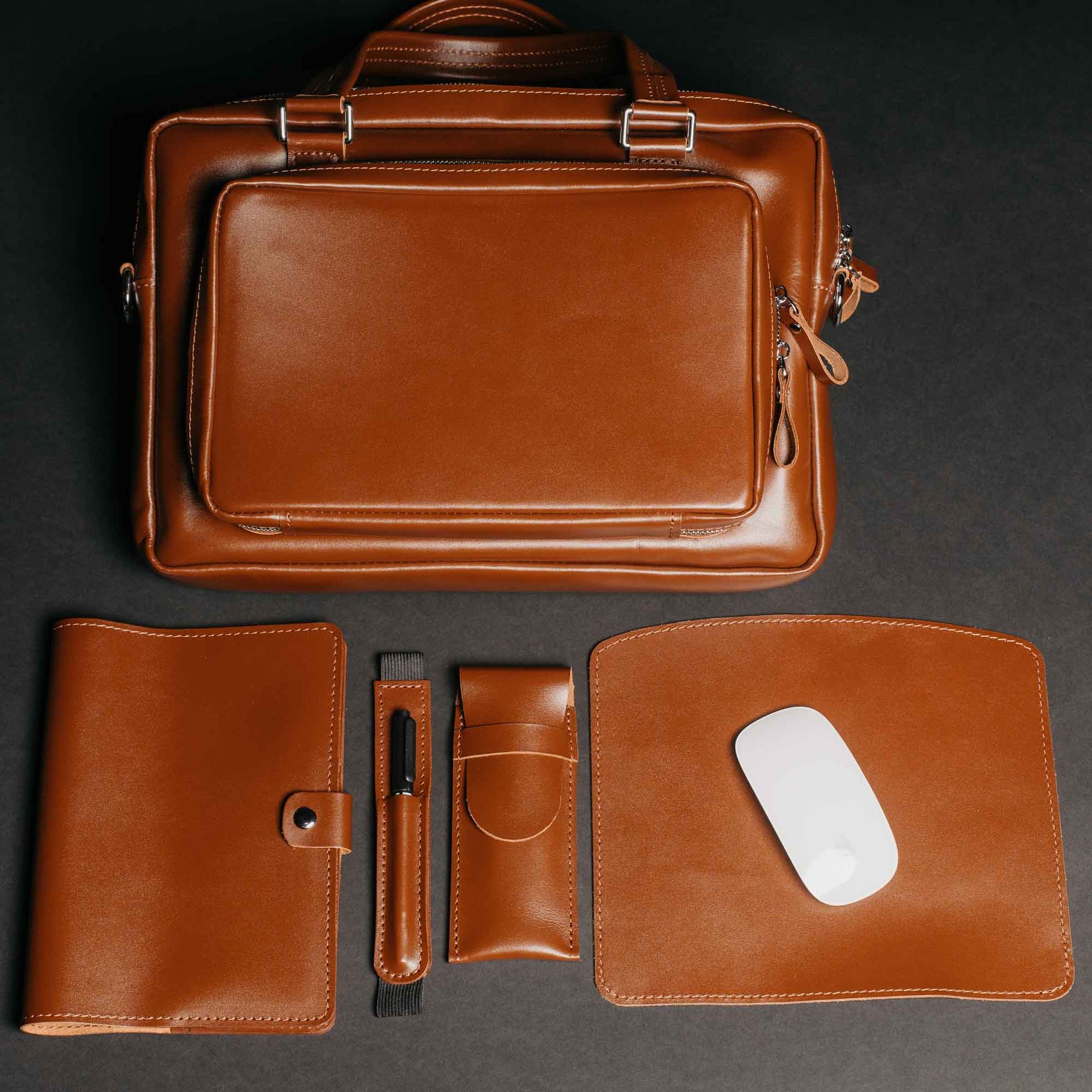 Premium Leather Office Set – Briefcase with A5 Notebook Sleeve, Pen Pouch, Mouse Mat & Keychain
