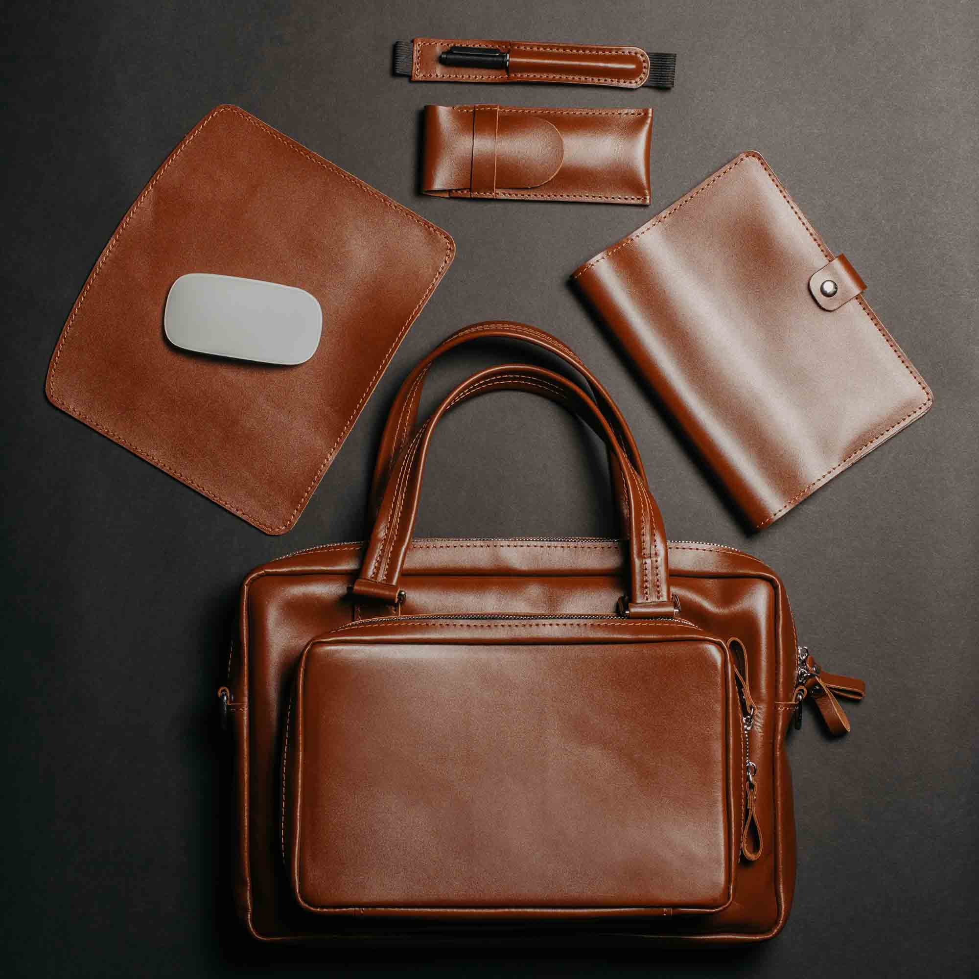 Premium Leather Office Set – Briefcase with A5 Notebook Sleeve, Pen Pouch, Mouse Mat & Keychain