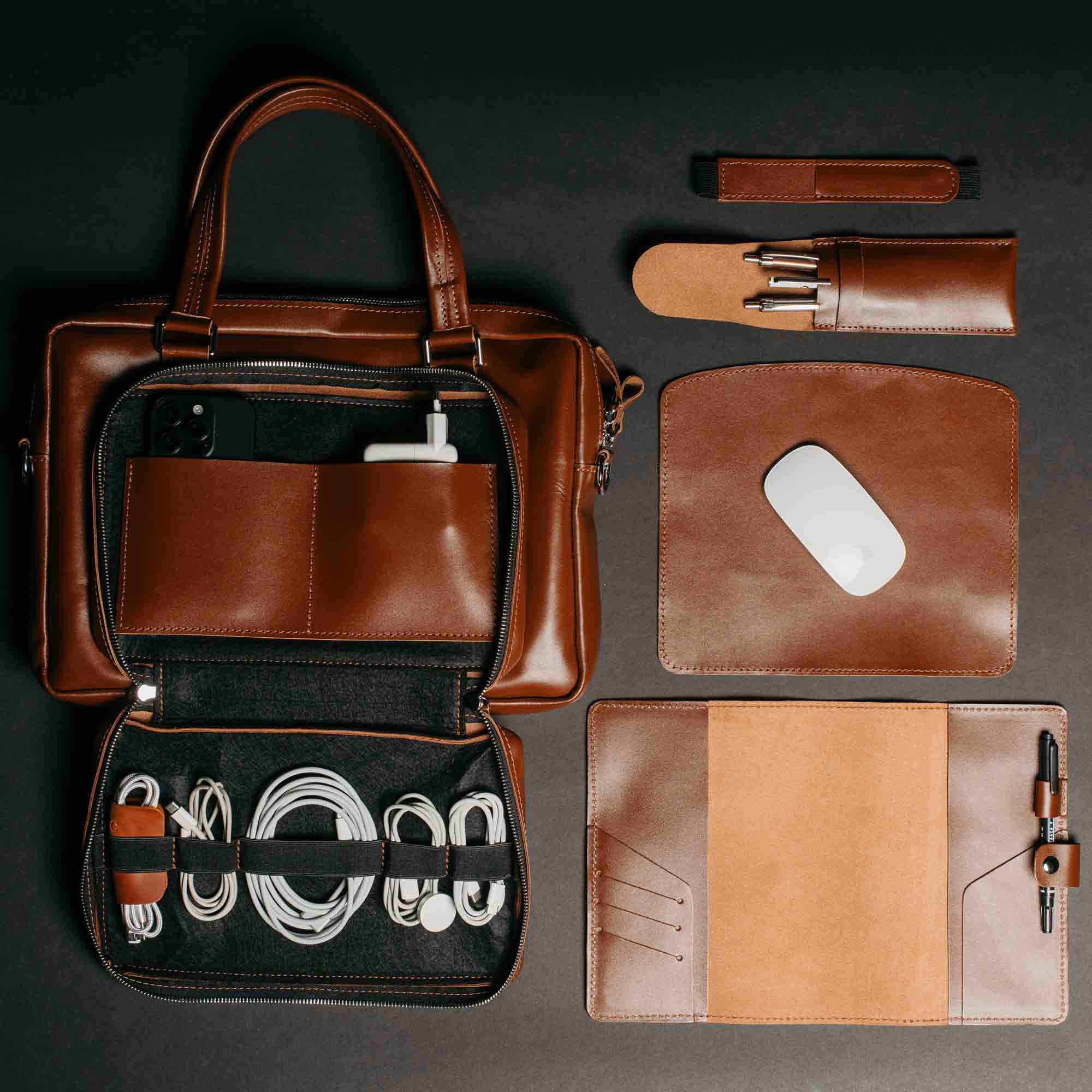 Premium Leather Office Set – Briefcase with A5 Notebook Sleeve, Pen Pouch, Mouse Mat & Keychain