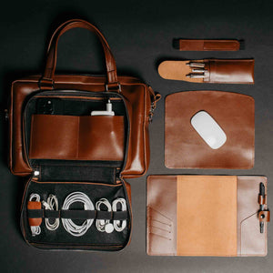 Premium Leather Office Set – Briefcase with A5 Notebook Sleeve, Pen Pouch, Mouse Mat & Keychain