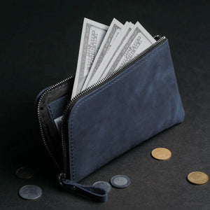 Compact Distressed Leather Wallet with Zipper