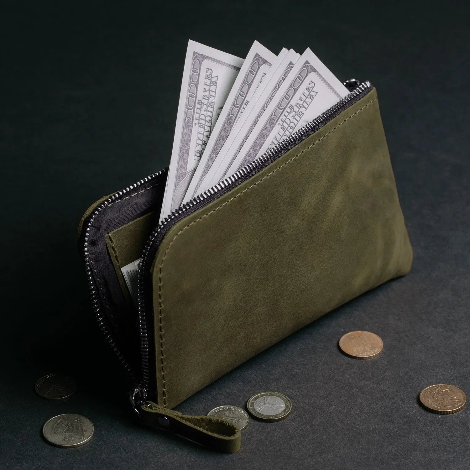 Compact Distressed Leather Wallet with Zipper