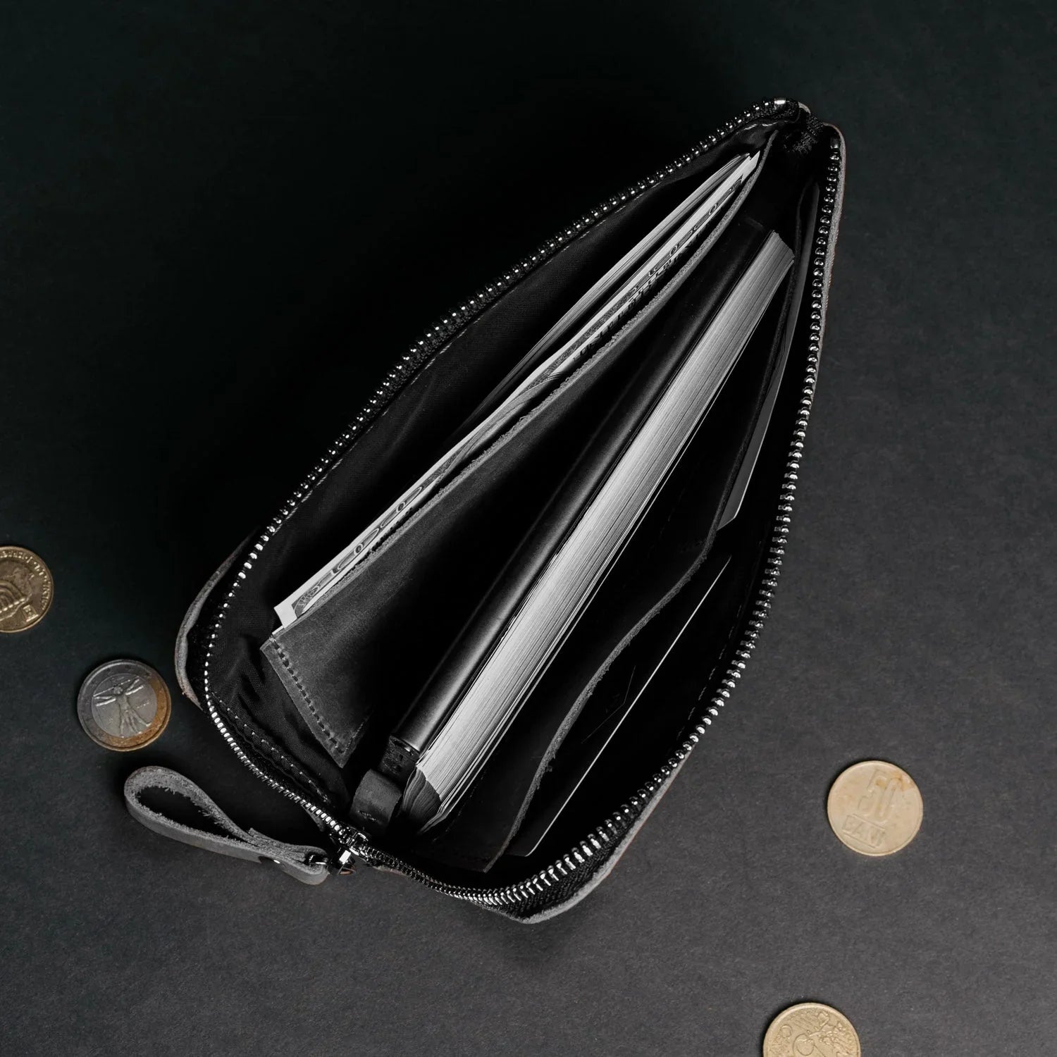 Compact Distressed Leather Wallet with Zipper