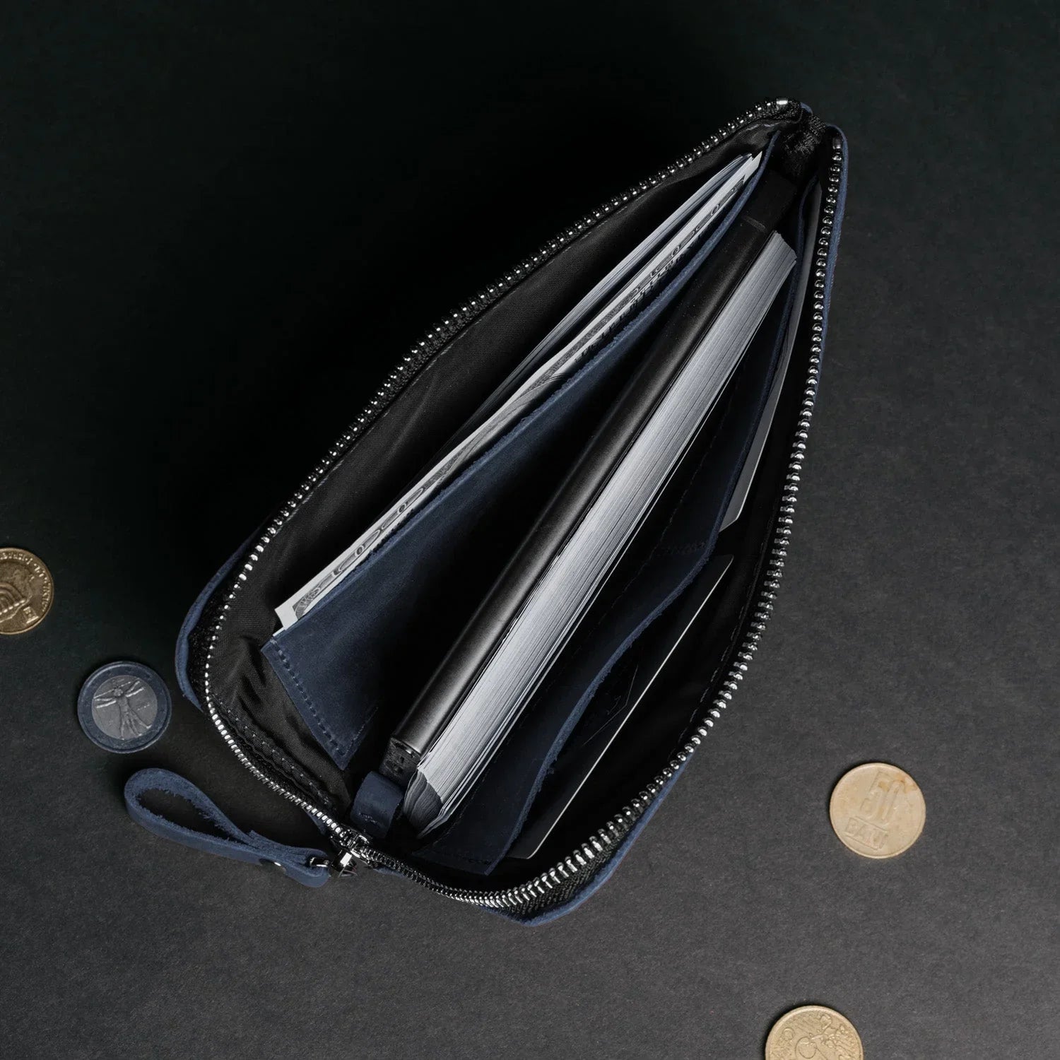 Compact Distressed Leather Wallet with Zipper