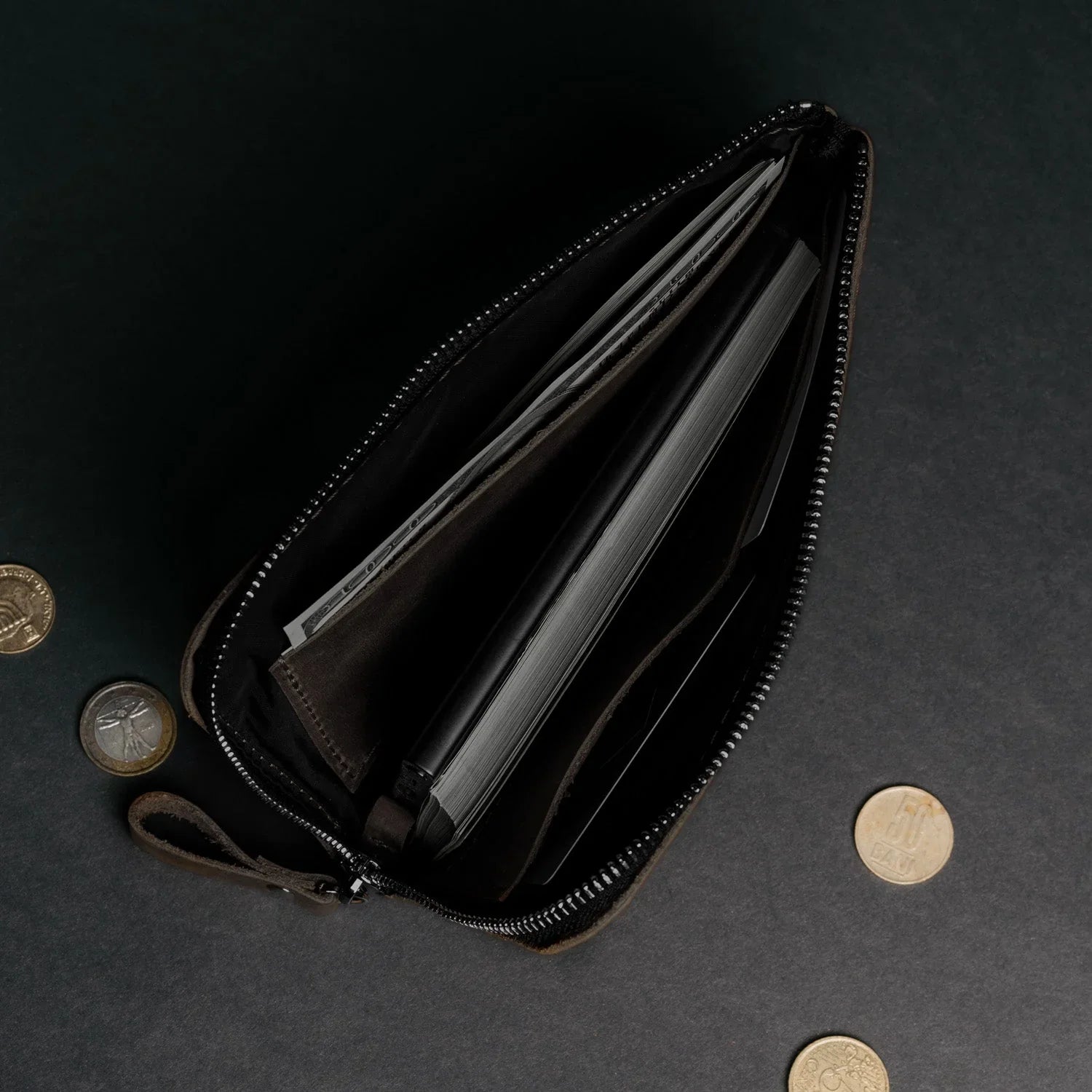 Compact Distressed Leather Wallet with Zipper