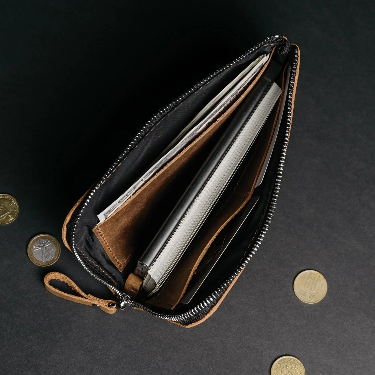 Compact Distressed Leather Wallet with Zipper