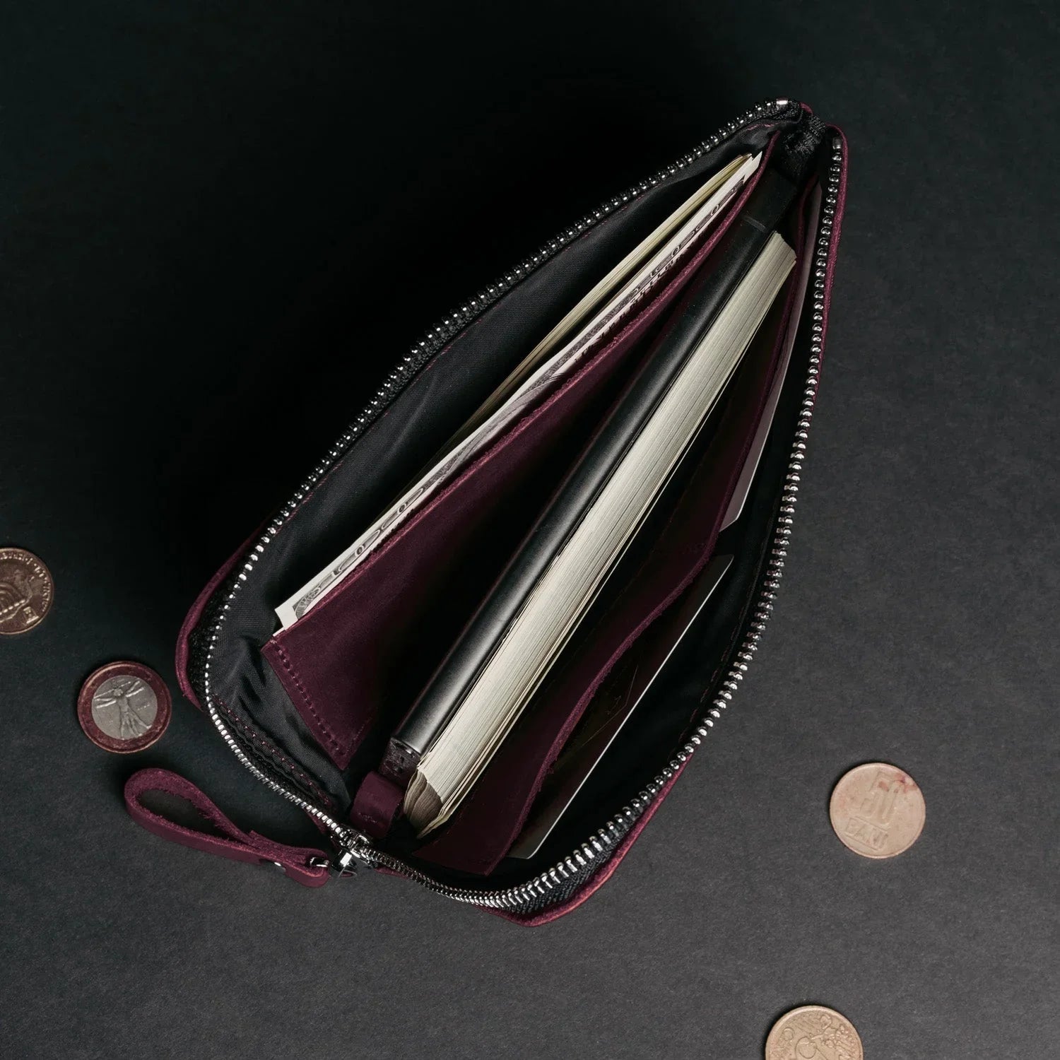 Compact Distressed Leather Wallet with Zipper