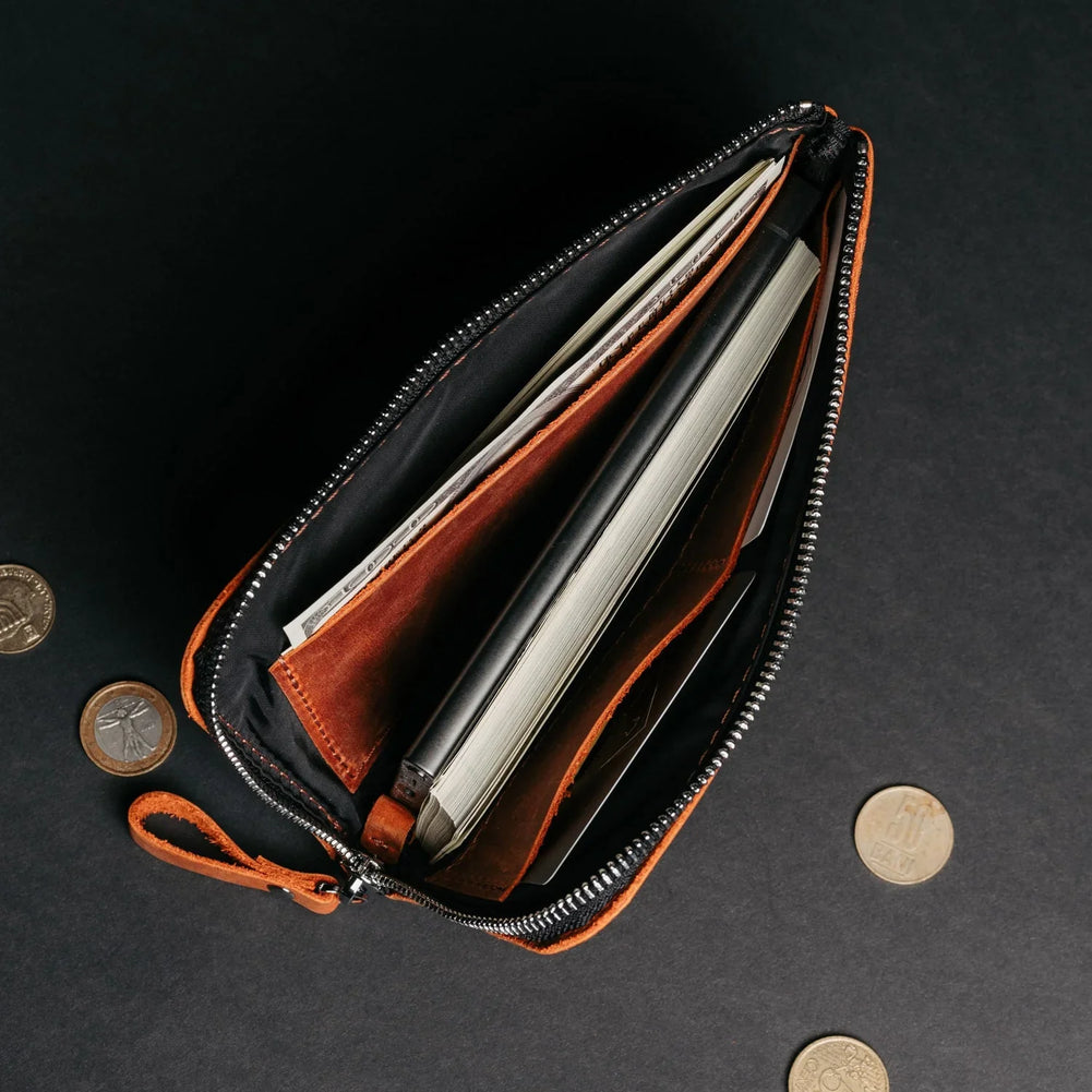 Compact Distressed Leather Wallet with Zipper