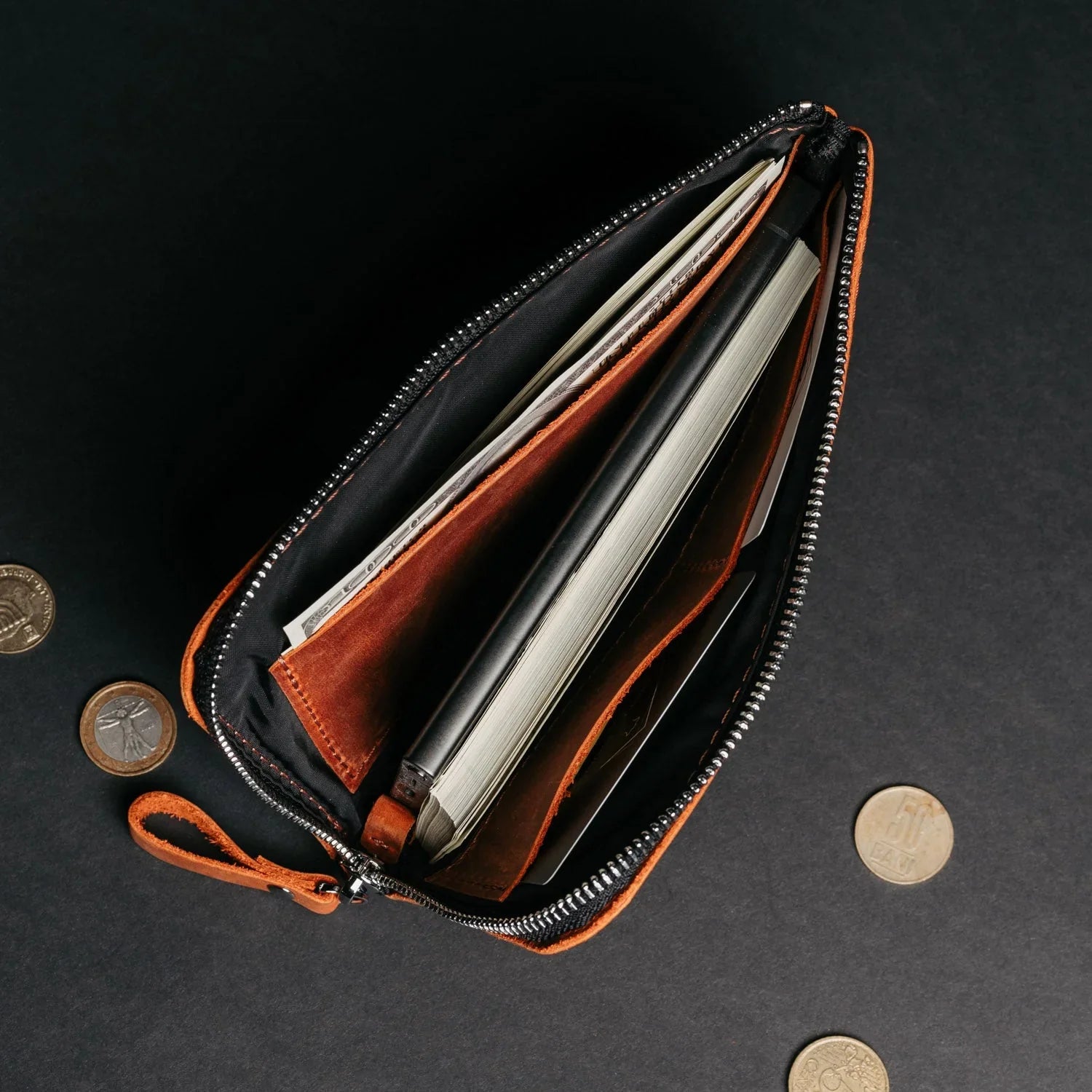 Compact Distressed Leather Wallet with Zipper