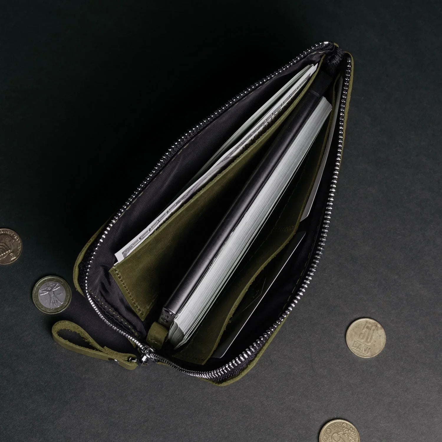 Compact Distressed Leather Wallet with Zipper