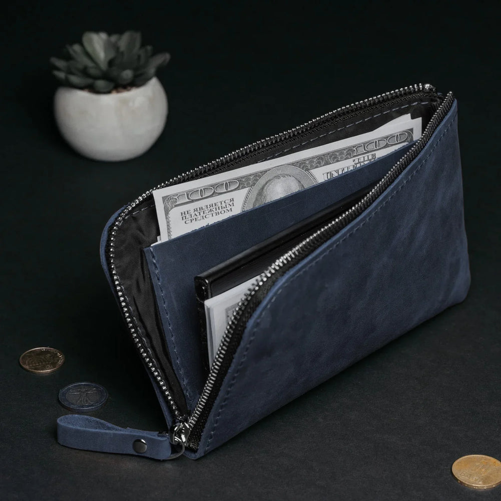 Compact Distressed Leather Wallet with Zipper
