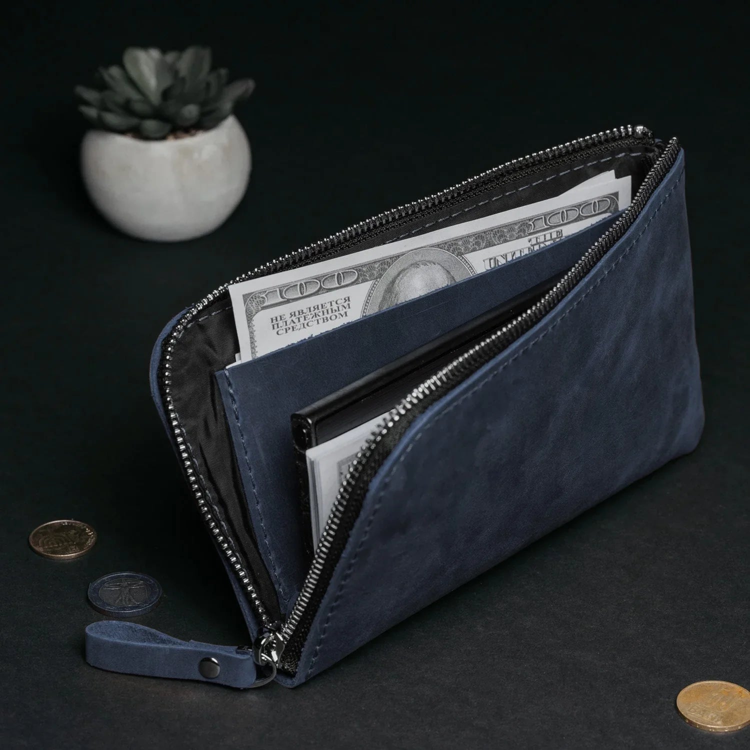 Compact Distressed Leather Wallet with Zipper