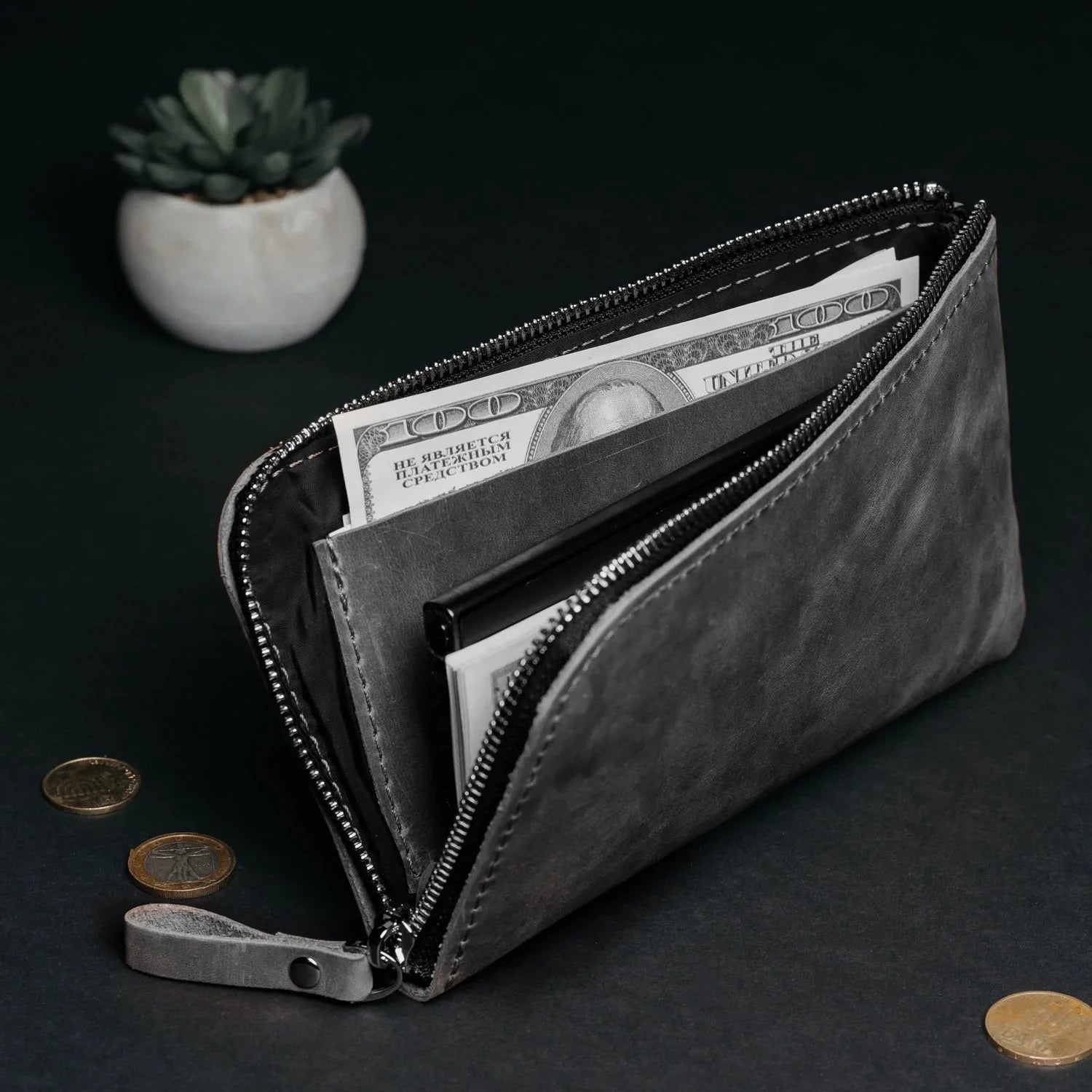 Compact Distressed Leather Wallet with Zipper