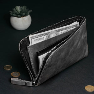 Compact Distressed Leather Wallet with Zipper