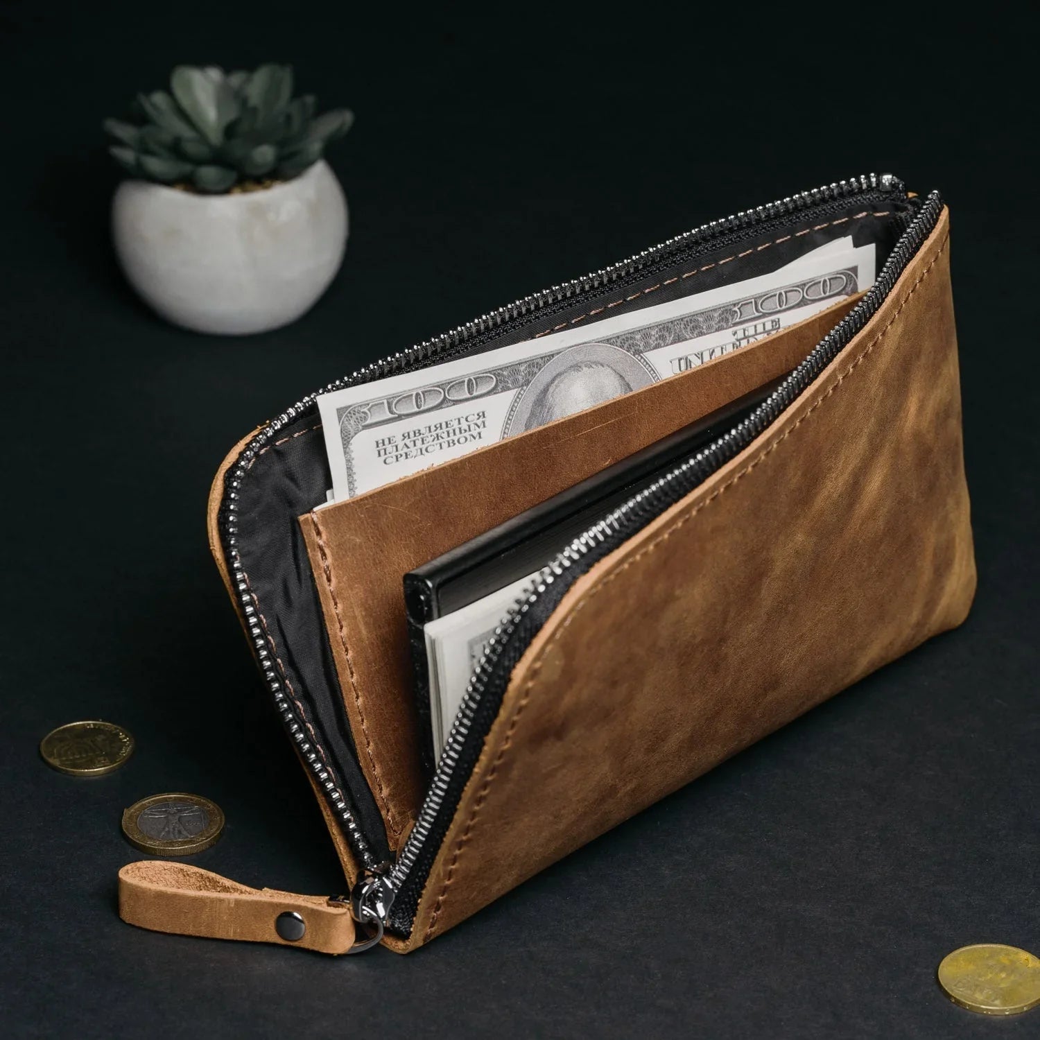 Compact Distressed Leather Wallet with Zipper