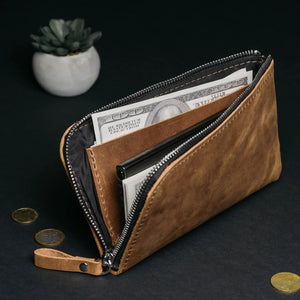 Compact Distressed Leather Wallet with Zipper