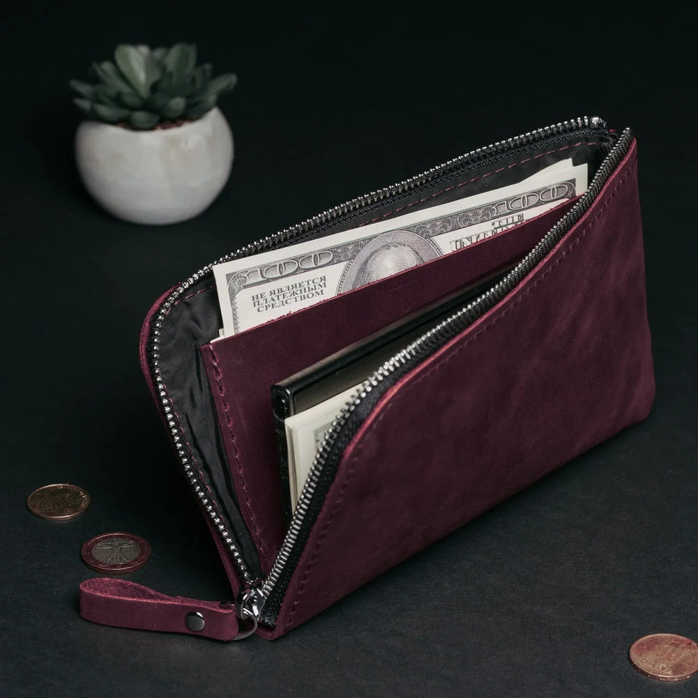 Compact Distressed Leather Wallet with Zipper