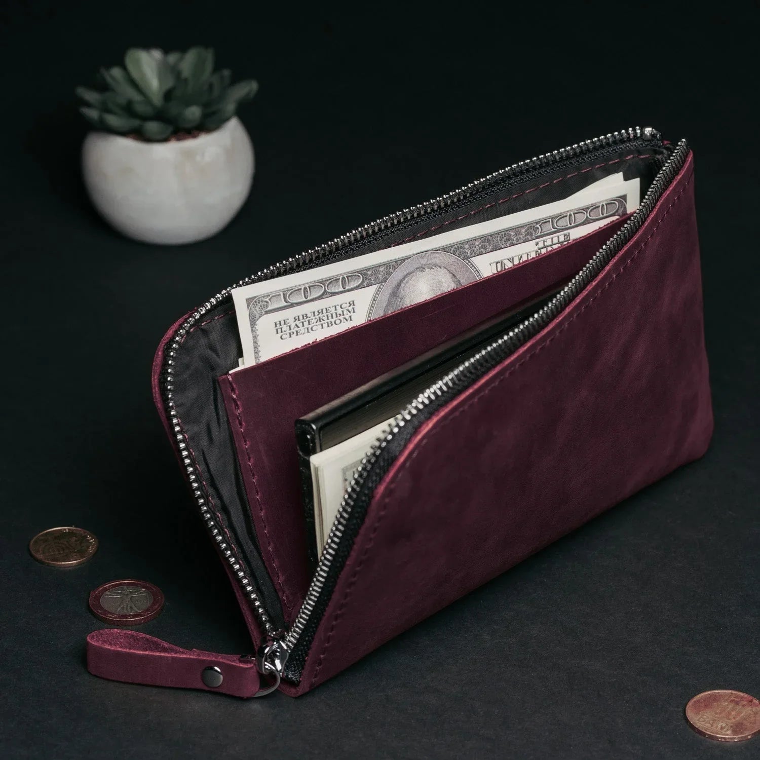 Compact Distressed Leather Wallet with Zipper