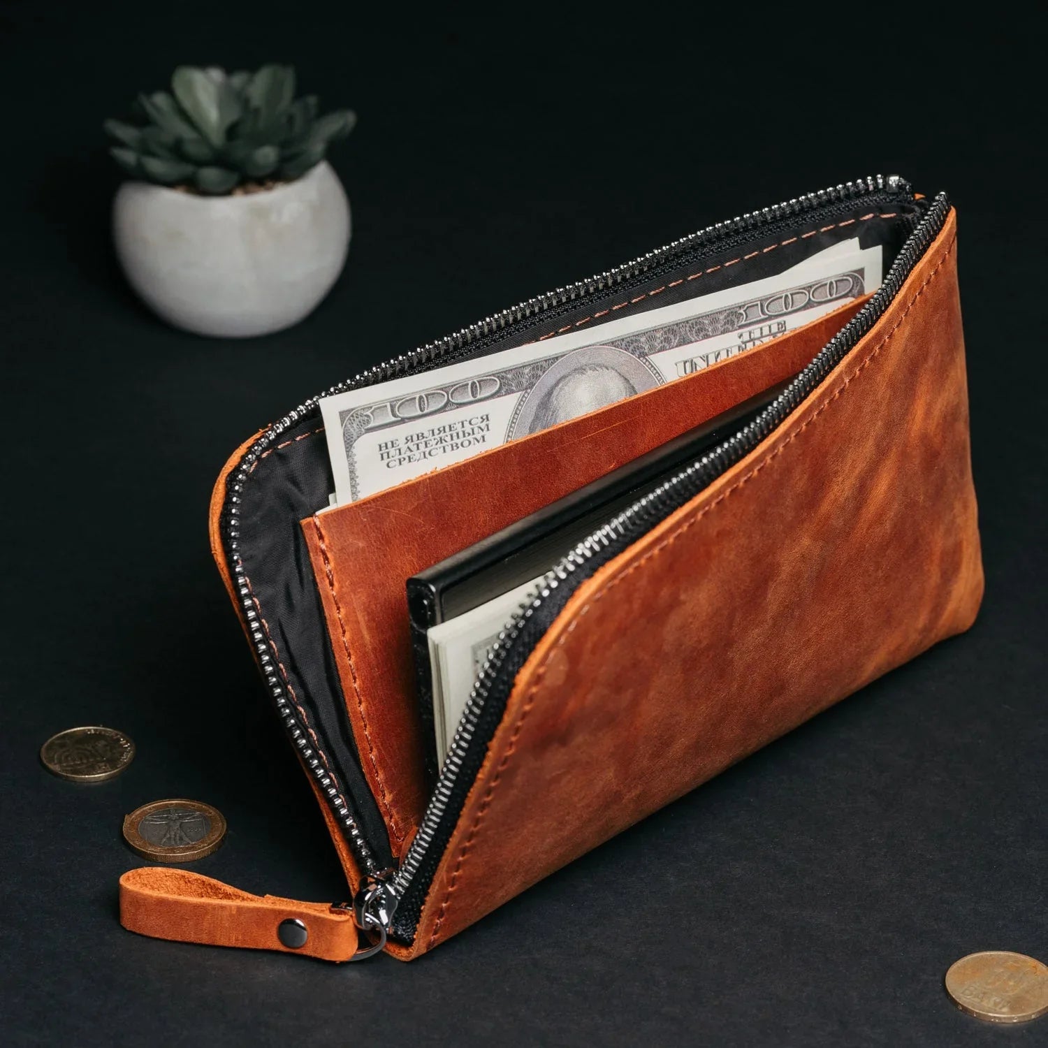 Compact Distressed Leather Wallet with Zipper