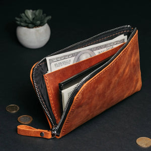 Compact Distressed Leather Wallet with Zipper