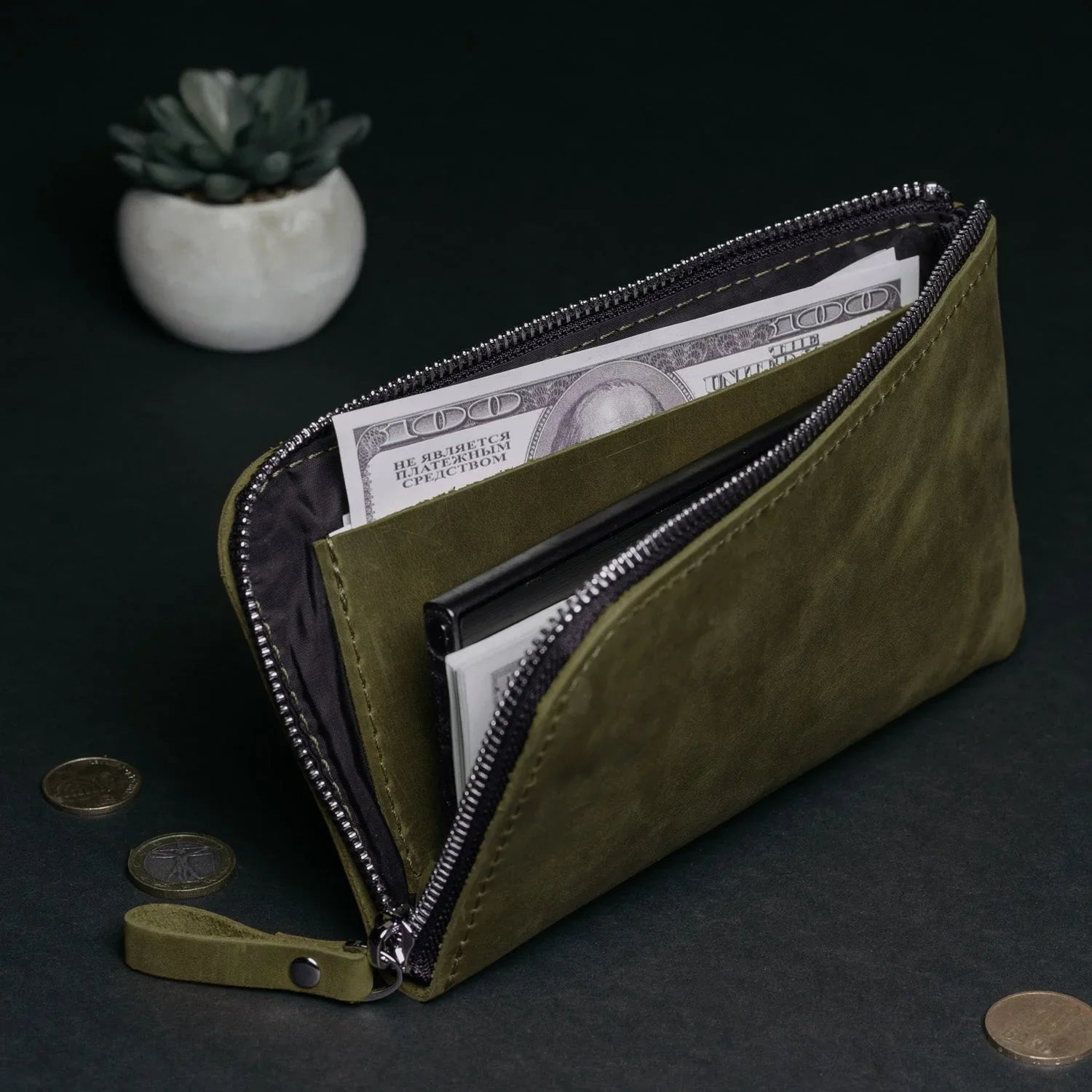 Compact Distressed Leather Wallet with Zipper