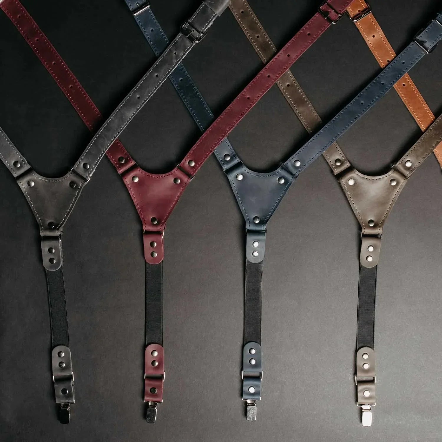 Waxed Matte Leather Suspenders for Men with Buckles