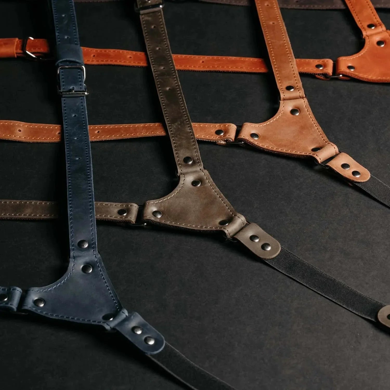 Waxed Matte Leather Suspenders for Men with Buckles