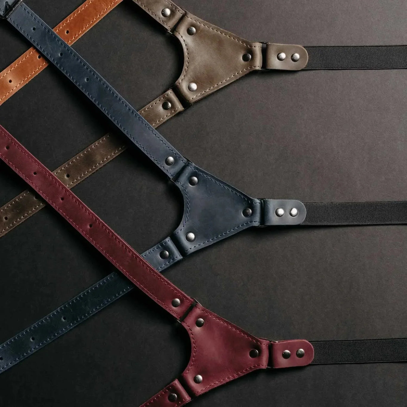 Waxed Matte Leather Suspenders for Men with Buckles