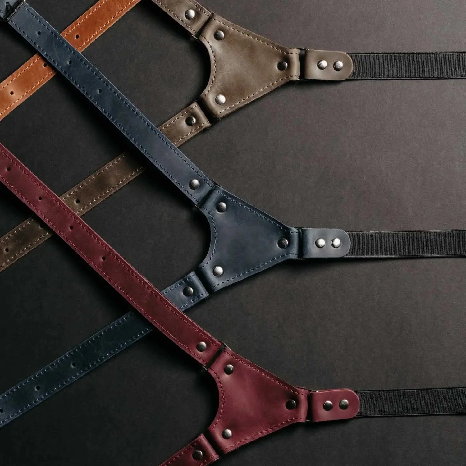 Waxed Matte Leather Suspenders for Men with Buckles