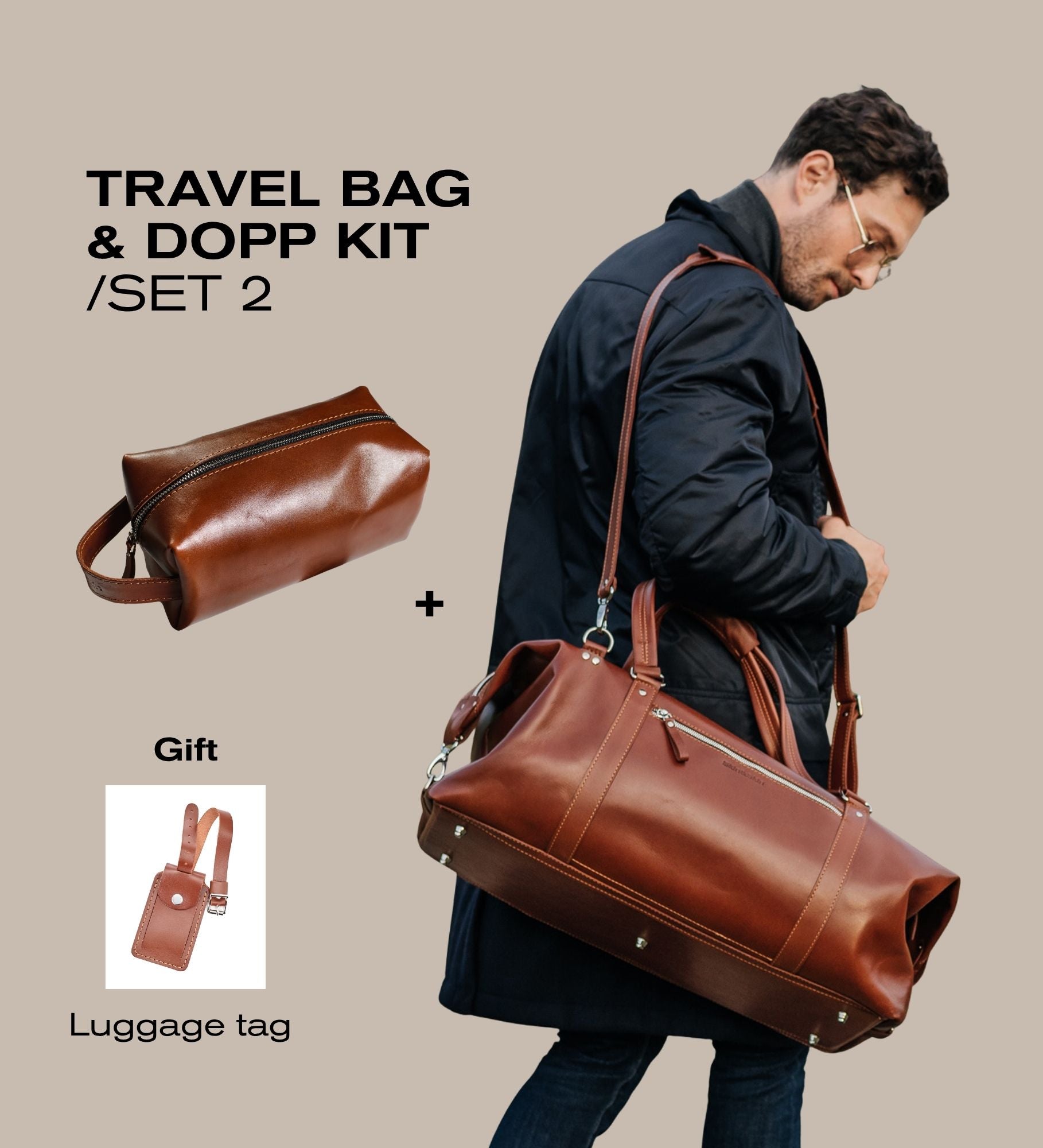 Leather Travel Set – Weekender Bag with Dopp Kit  & Passport Cover & Luggage Tag Gift