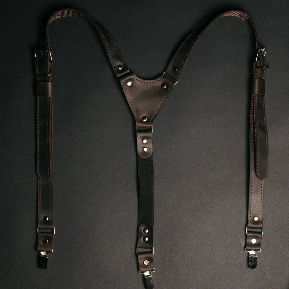 Waxed Matte Leather Suspenders for Men with Buckles