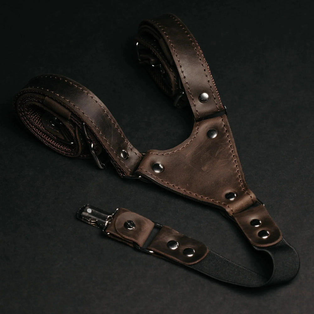 Waxed Matte Leather Suspenders for Men with Buckles